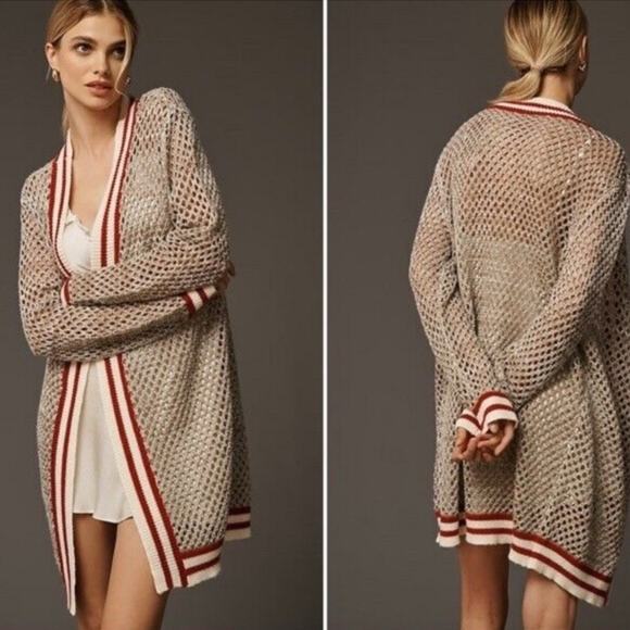 Anthropologie Sweaters - Maeve for Anthropologie Varsity Open Knit Cardigan Gold Red Trim OS